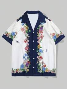 ROMWE MEN Casual 男士花卉蝴蝶印花短袖宽松纽扣衬衫 - 彩色 - 查看 1