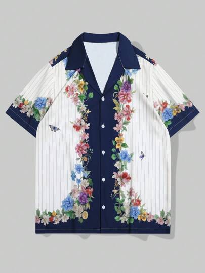Street Life Men's Floral & Butterfly Print Short Sleeve Loose Fit Button-Down Shirt
