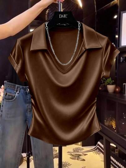 Franclia Women's Casual Solid Color Satin Shiny T-Shirt Maillard Style Summer Brown Clothes For University