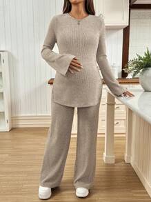 SHEIN 2pcs Maternity Casual Ribbed Long Sleeve Top & Pants Set Fall Clothes Long Sleeve Fall Clothes Maternity Two Pieces Set Knit Two Pieces Set Two Pieces Set Women Comfy 2 Pieces Lounge Sets Woman Maternity Clothes Two Pieces Suits Comfortable Two Pieces Set