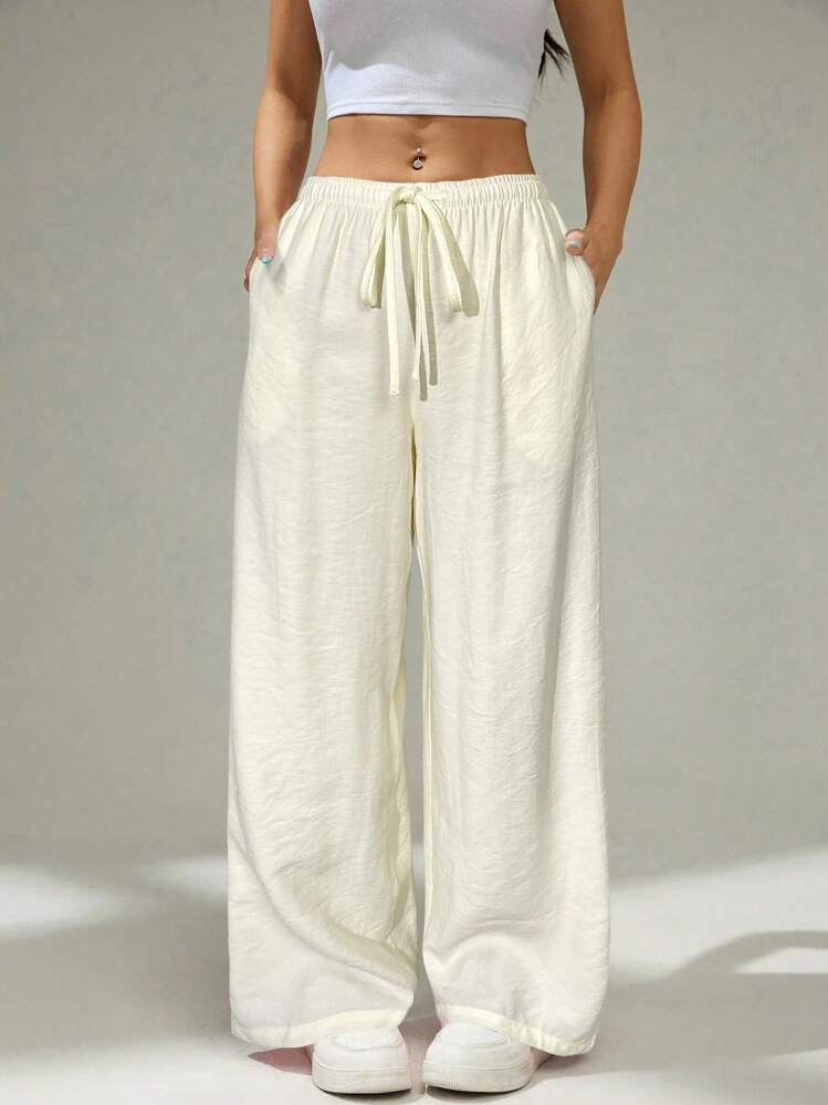 SHEIN PETITE 女士可爱粉色夏季低腰休闲宽松长裤系带腰直筒宽松纯色休闲裤日常穿着 - 白色 - 查看 1