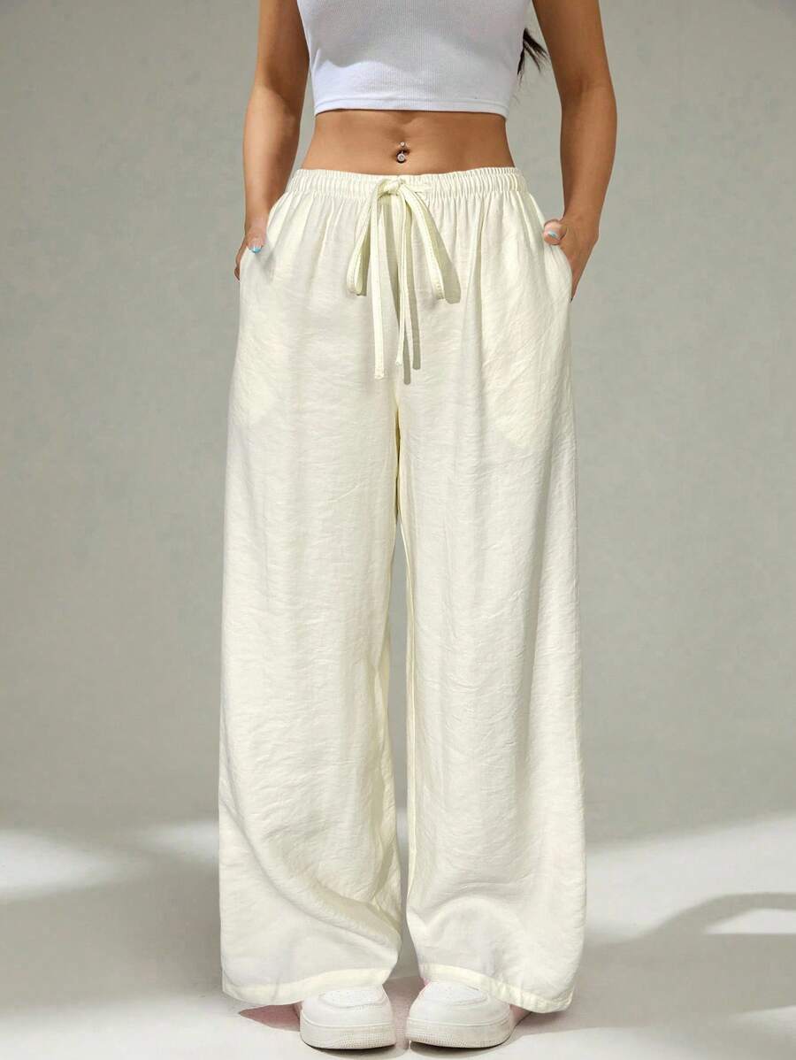 SHEIN PETITE Pantalon décontracté ample et ample à taille basse de couleur unie rose mignon pour l'été, avec lien à la taille, pour porter au quotidien - Blanc - Voir 1