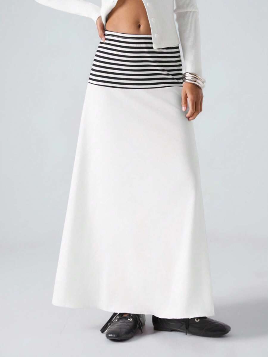 LYSMO 2025新款秋季简约女士纯色条纹拼接极简休闲裙，适合外出、返校、毕业、商务休闲、女教师、机场和旅行，适合白色派对 - 彩色 - 查看 1