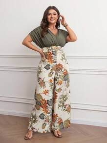 女士时尚休闲优雅花卉印花拼接长款连体裤 - 綠色 - 查看 3