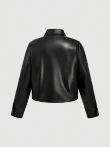 SHEIN MOD 大码女式黑色百搭PU皮夹克，复古前卫机车休闲宽松长袖皮夹克，宽松H型短款PU夹克，秋冬 - 黑色 - 查看 9