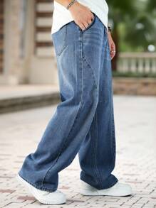 Manfinity Roghcode Quần jeans denim ống rộng rách gối màu xanh nhạt thiết kế vá lỗi cho nam, thường ngày, phù hợp mặc đi chơi - Màu xanh lam - Xem 4