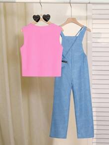 Tween Girl Casual Street Style Denim Effect Overalls Tank Top Two-Piece Set - Multicolor - View 2
