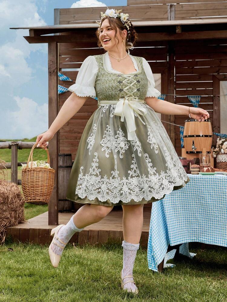 SHEIN Frenchy Váy xòe eo ren tương phản cỡ lớn không tay, phù hợp cho lễ hội Oktoberfest, Dirndl - màu xanh lá - Xem 4