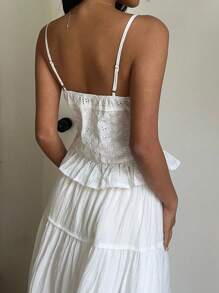 SHEIN EZwear 女士休闲度假纯色镂空刺绣细肩带 - 白色 - 查看 2