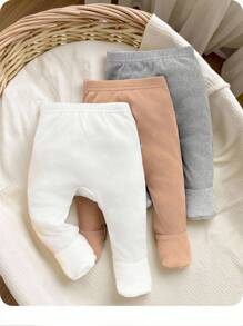 SHEIN 3pcs/Pack Newborn Baby Girl Solid Color Knit Simple Casual Cute Versatile Leggings Fall Winter - Multicolor - View 2