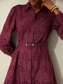 Aveloria Modichic Solid Color Hollow Embroidery Cinched Waist Front Long Sleeve Shirt Dress - Burgundy - View 7