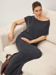 ATUI Studio 女式不对称领针织上衣和裙子两件套 - 深灰色 - 查看 7