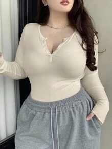 Dazy Plus 大码纯色纽扣前罗纹针织T恤长袖女式上衣 - 杏色 - 查看 1