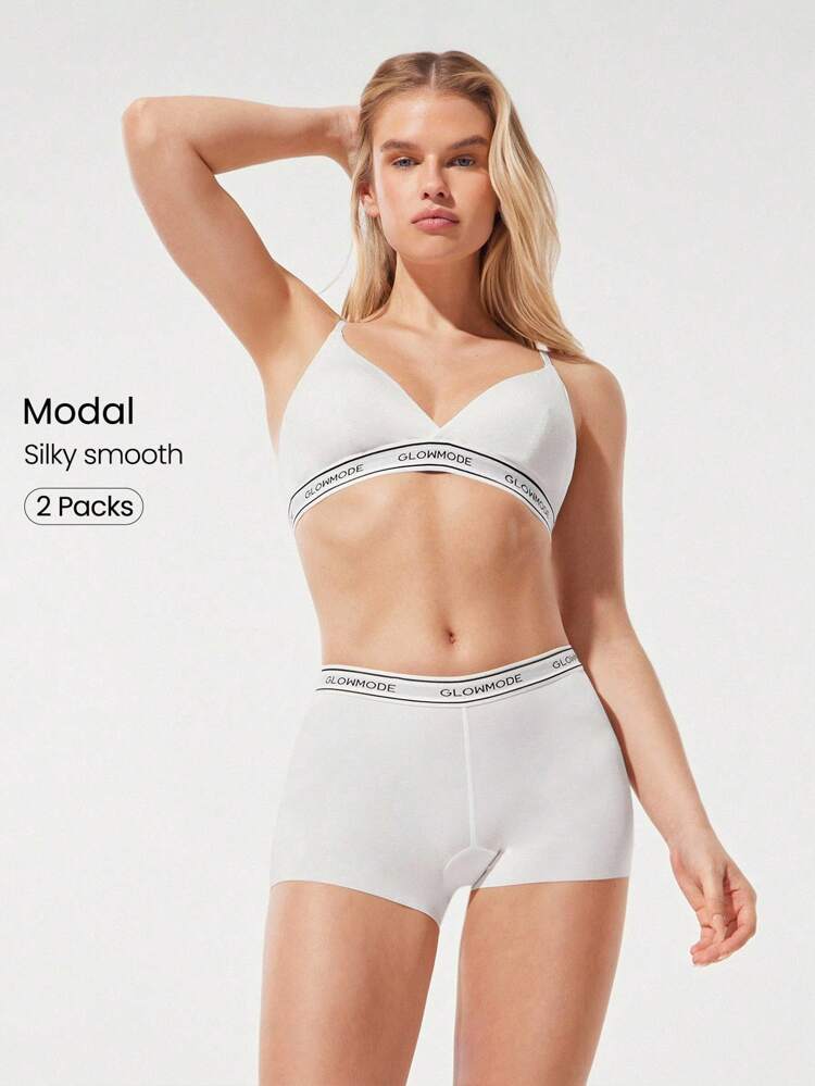2 Packs Modal Silky Smooth Deodorant Logo Elastic Waistband Mid-Rise Waist Boyshort Underwear Daily Casual Wear