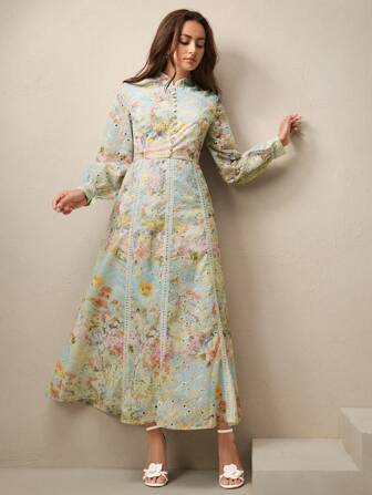 Anewsta New Elegant Floral Embroidered Contrast Lace Trim Long Sleeve Waist Cinched Maxi Dress, Suitable For Spring, Vacation, Beach, Casual