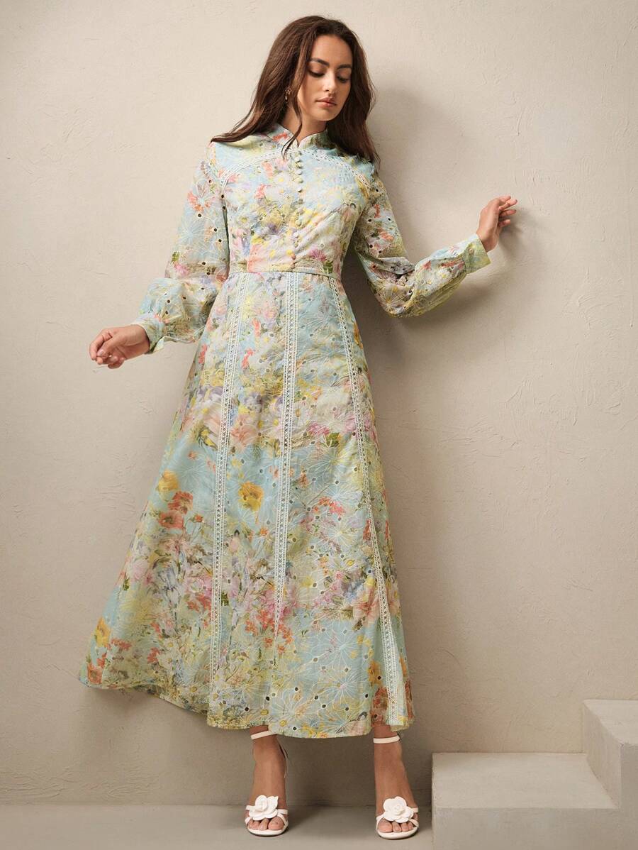 Anewsta New Elegant Floral Embroidered Contrast Lace Trim Long Sleeve Waist Cinched Maxi Dress, Suitable For Spring, Vacation, Beach, Casual - Multicolor - View 1