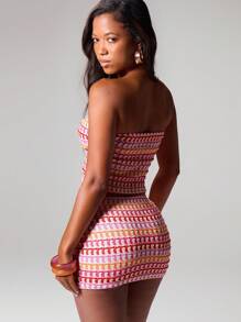 MUSERA Patterned Crochet Knit Twist Front Fitted Sleeveless Sexy Bandeau Top Only For Ibiza Vacation Holiday Festival Rave Beachwear Tequila Sunrise Tube Top Going Out Tops Club Sexy Fall - Multicolor - View 3