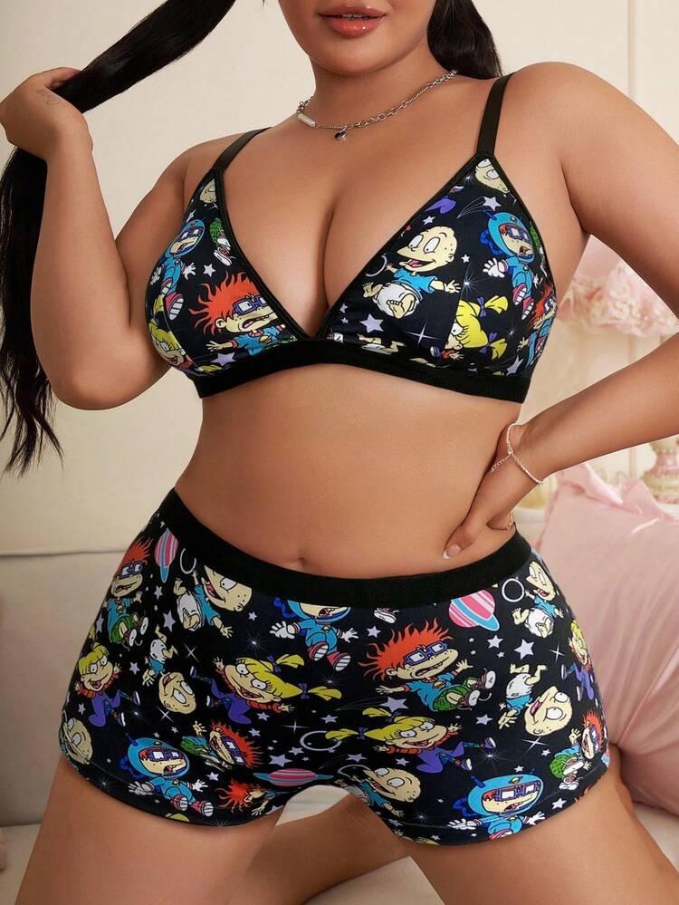 Nick 90s | SHEIN 加大码卡通图案文胸和平角裤套装 - 黑色 - 查看 5