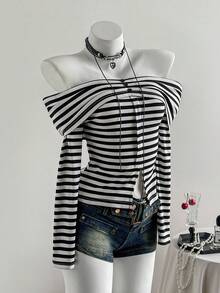 Elamini 黑白罗纹露肩褶饰纽扣装饰前开衩修身长袖 T 恤，时尚简约优雅，适合通勤、休闲、日常、约会、秋冬 - 黑與白 - 查看 4