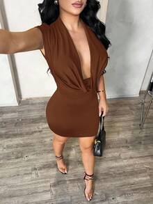 SHEIN SXY Váy ngắn ôm sát hở lưng cổ xếp nếp màu đen gợi cảm dành cho nữ, mùa hè - màu nâu - Xem 3