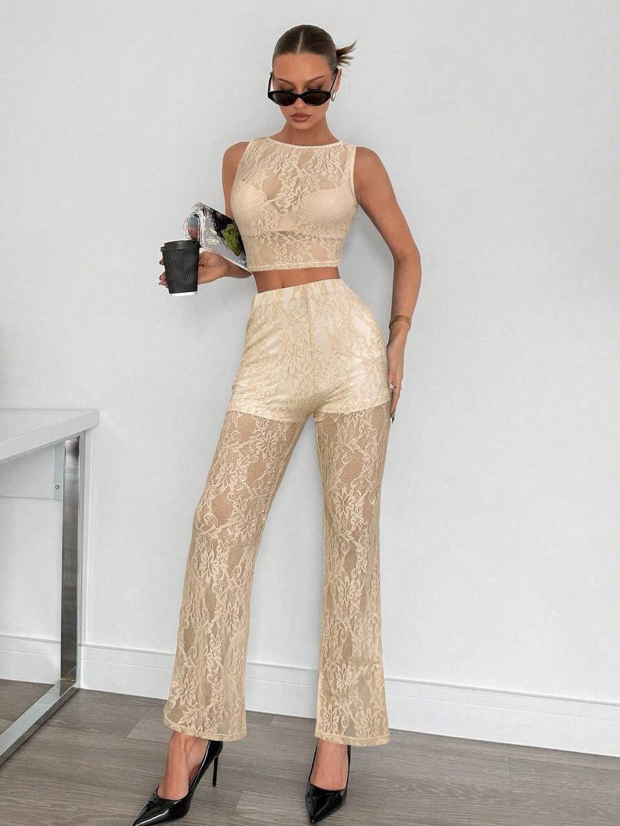 Siren Gaze Black Top + Pants Set Lace Blouse + High-Waisted Flare Lace Knit Pants, Women's 2 Pieces Set Black Mesh Sheer Lace Jacquard Sexy Party Outfit For Women Summer Elegant - Apricot - View 1