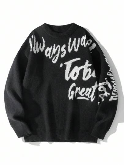 Manfinity EMRG 男士圆领落肩休闲宽松提花针织标语图案毛衣，秋冬款，朋克风，长袖上衣