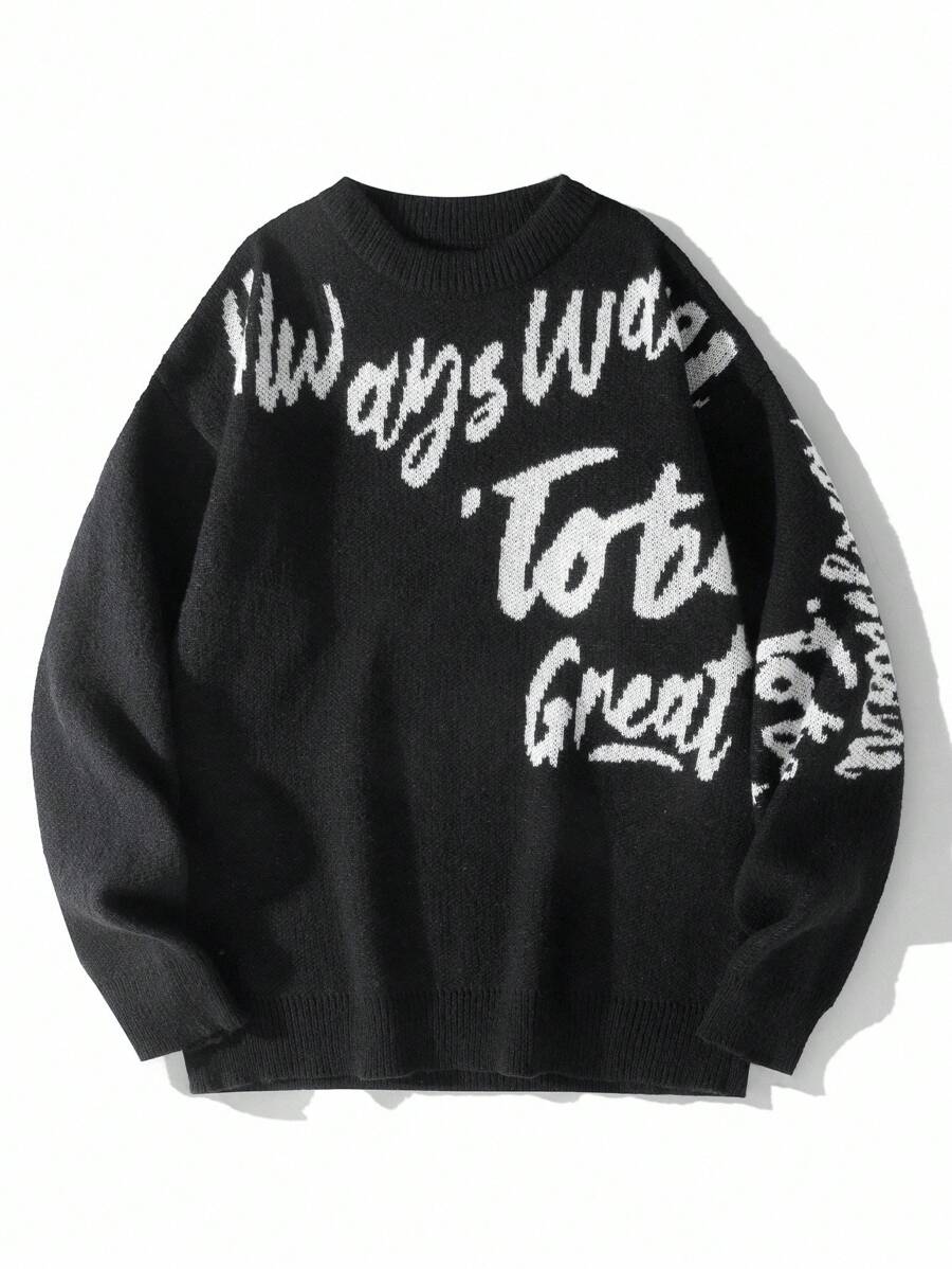 Manfinity EMRG 男士圆领落肩休闲宽松提花针织标语图案毛衣，秋冬款，朋克风，长袖上衣 - 黑色 - 查看 1