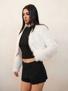 SHEIN Tall 秋冬度假纯色梭织开襟长袖短款人造毛皮女式夹克 - 白色 - 查看 3