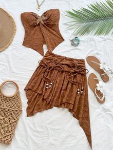Soleia Women's Brown Music Festival Party Sexy Cowgirl Style Beach Casual Drawstring Waist Asymmetric Ruffle Hem Mini Skirt And Top Y2K Outfit Brown Two Piece Set Boho Two Piece Set Beach Skirt Set Earthy Two Piece Set Asymmetrical Skirt Set,Winter Set ,Fall Outfits For Women ,Halloween Costume For Women,Women's Set, Havana Nights Outfit Earthy Tops,Party