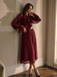 MOTF PREMIUM Plissierter Midi-Pullover-Rock für Herbst & Winter - Bordeaux - Übersicht 5
