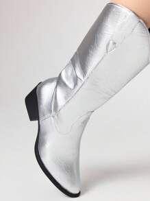 ROMWE Grunge Punk Women's Gothic Punk Rock Silver Pointed Toe V-Cut Western Boots, Chunky Heel Riding Boots, Halloween - Silver - View 3