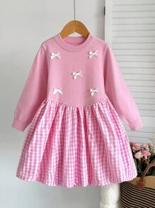 SHEIN Girls' Pink Autumn Holiday Party Knitted Dress,Back To School Plaid Patchwork Sweet Soft Warm Yarn Outfit With 3D Bow,Comfortable Versatile Clothes - Pink - View 5