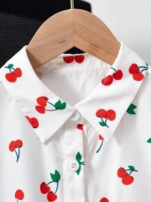 Girls' Minimalist Chic Sweet White Base Red Cherry Pattern Long Sleeve Shirt Cherry Shirt Cherry Print Shirt Fruit Print Shirt Girls Cherry Shirt