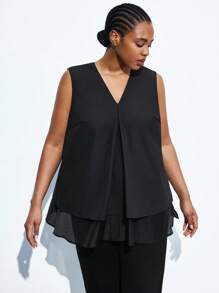 Maija 大码女式纯色V领双下摆宽松无袖休闲衬衫