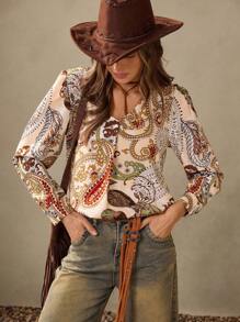 Wildy New Autumn Bohemian Casual Resort Long Sleeve Simple Teacher Blouse, Vacation Boho Paisley Top, 70s Western Blouse - Brown - View 1