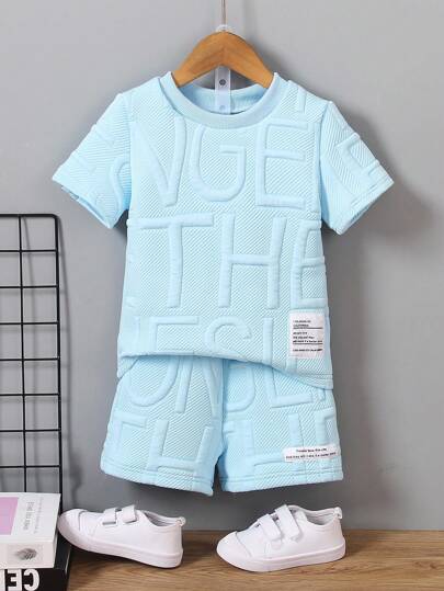 SHEIN 2pcs Young Boy Summer Casual Letter Print Short Sleeve T-Shirt And Shorts Set,Holiday,Summer,Travel