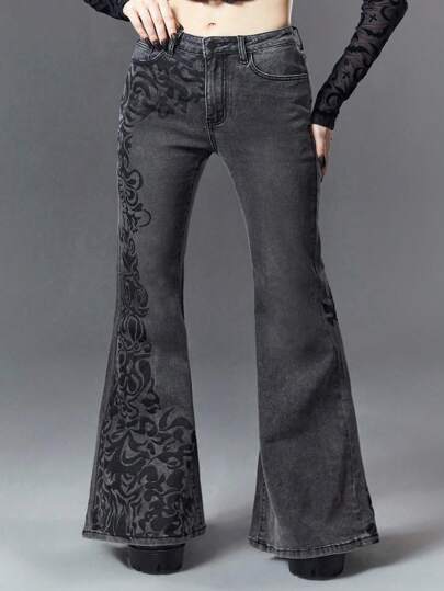 Goth Pantalón elástico y sexy de denim acampanado con estampado vintage oscuro y gótico, para la escuela