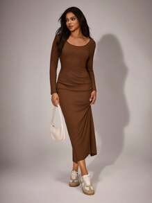 SHEIN Women's Slim Fit Long Round Neck Side Ruched Back Slit Hem Casual Dress, Fall