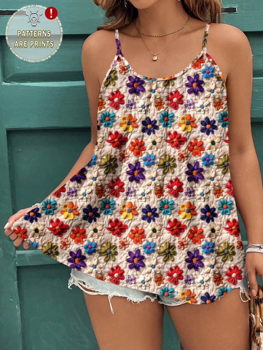 SHEIN Clasi طقم توب كاميسول مقاس كبير بطبعة زهور وملمس بارز، كاجوال وأنيق، مناسب للصيف وللخروجات - متعدد الألوان - مشاهدة 1