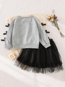 SHEIN Young Girl Fashion Bow Decor Sweatshirt Paired With Tulle Puff Mini Skirt, Elegant, Suitable For Parties And Daily Wear - Light Grey - View 2