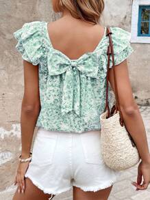 SHEIN LUNE Áo cánh tay bồng bềnh họa tiết hoa nơ sau lưng đơn giản dành cho nữ, thiết kế cơ bản hàng ngày cho kỳ nghỉ xuân hè - màu xanh lá - Xem 2