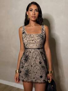 Glamine 女士优雅亮片刺绣网眼迷你连衣裙，夏季 - 黑色 - 查看 5