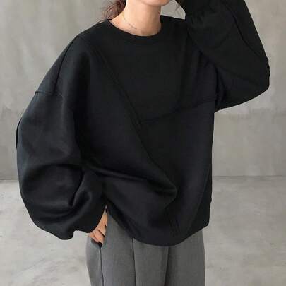 여성용 루즈핏 크루넥 드롭 숄더 퍼지 트림 단색 긴소매 스웨트셔츠, 캐주얼하고 다재다능한 가을/겨울용 플리스 풀오버