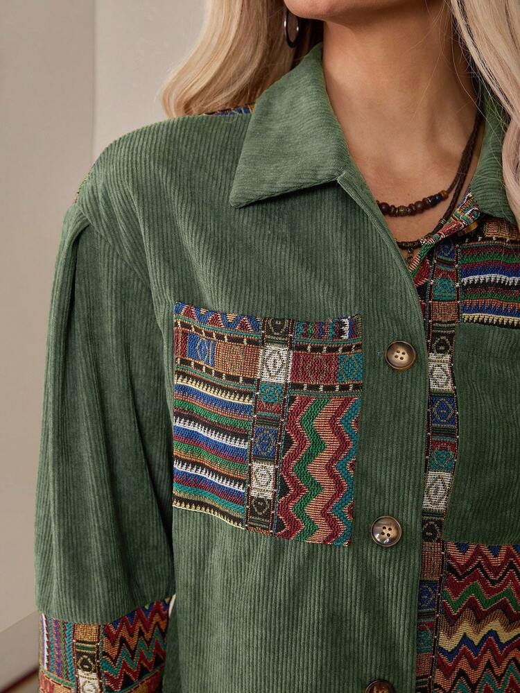 LanaWest Cazadora con estampado geométrico de hombros caídos de pana - Verde Oscuro - Añade 6