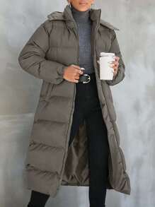 EURMUSE 女士冬季纯色连帽棉服大衣 - 灰色 - 查看 1