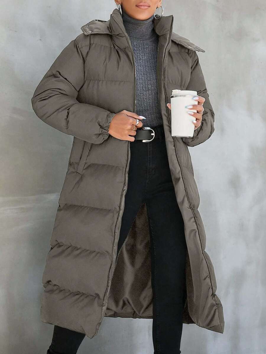 EURMUSE 女士冬季纯色连帽棉服大衣 - 灰色 - 查看 1