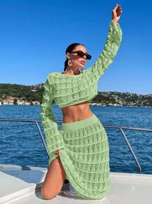 EURMUSE Women's Solid Color Long Sleeve Cropped Top And Hollow Out Jacquard Knit Mini Skirt 2 Pieces Set - Lime Green - View 7