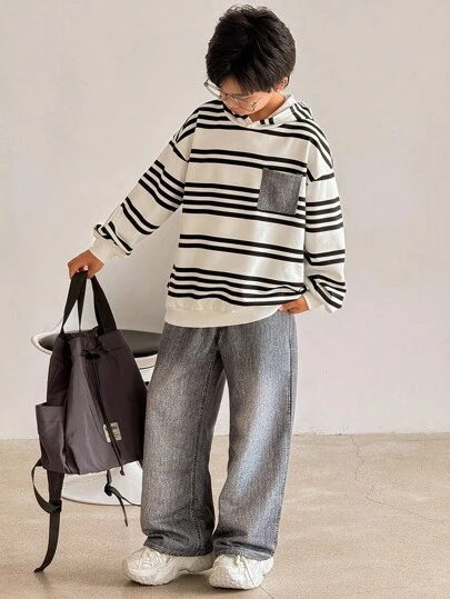 SHEIN 青少年男孩两件套撞色口袋条纹连帽衫和破洞印花休闲裤，适合居家、户外、学校穿着