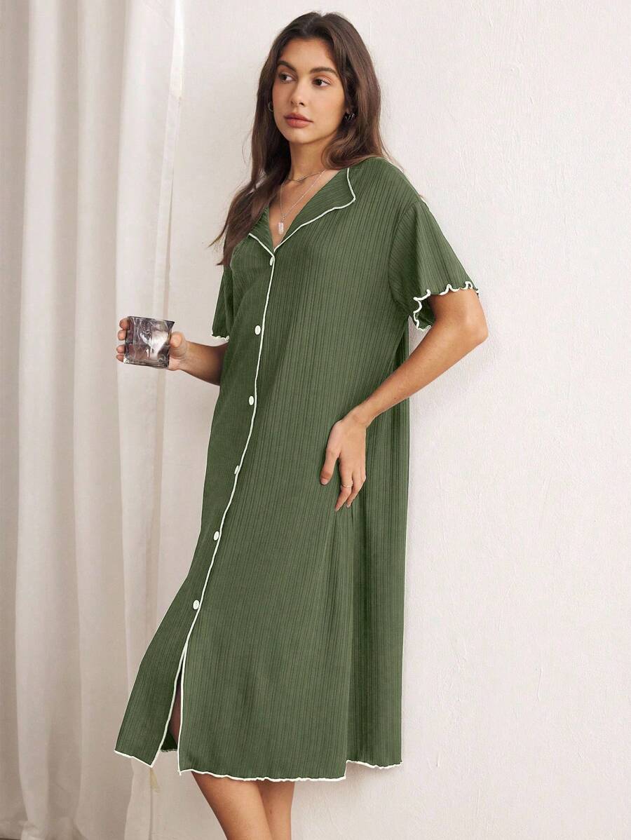 SHEIN Contrast Trim Black Jacquard Shawl Collar Short Sleeve Robe - Green - View 1