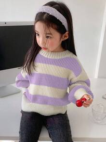 DAZY Young Girl Casual Daily Colorblock Striped Oversized Sweater, Autumn/Winter - Purple - View 5